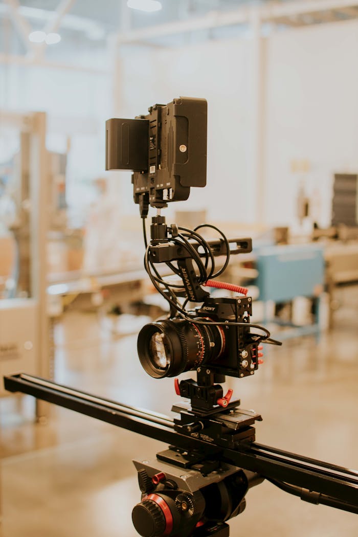 Mastering the First Impression: Your intriguing post title goes here Close-up of a professional camera rig setup on a tripod in a modern studio setting.